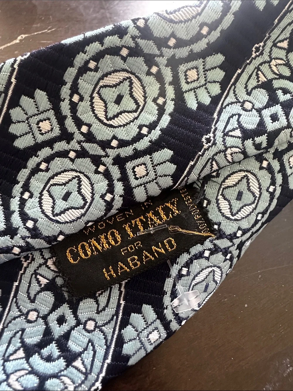 Vintage Haband Made in Como Italy Navy and Light Blue Geometric Woven Tie NWOT